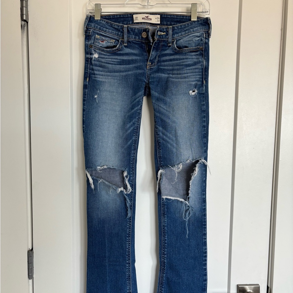 Hollister Women's Blue Boot Cut Jeans with Distressed Knees